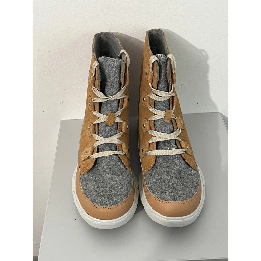 Sorel Explorer II Joan Boots Women 11 Tan Grey Waterproof Suede Faux Fur NL5069‎